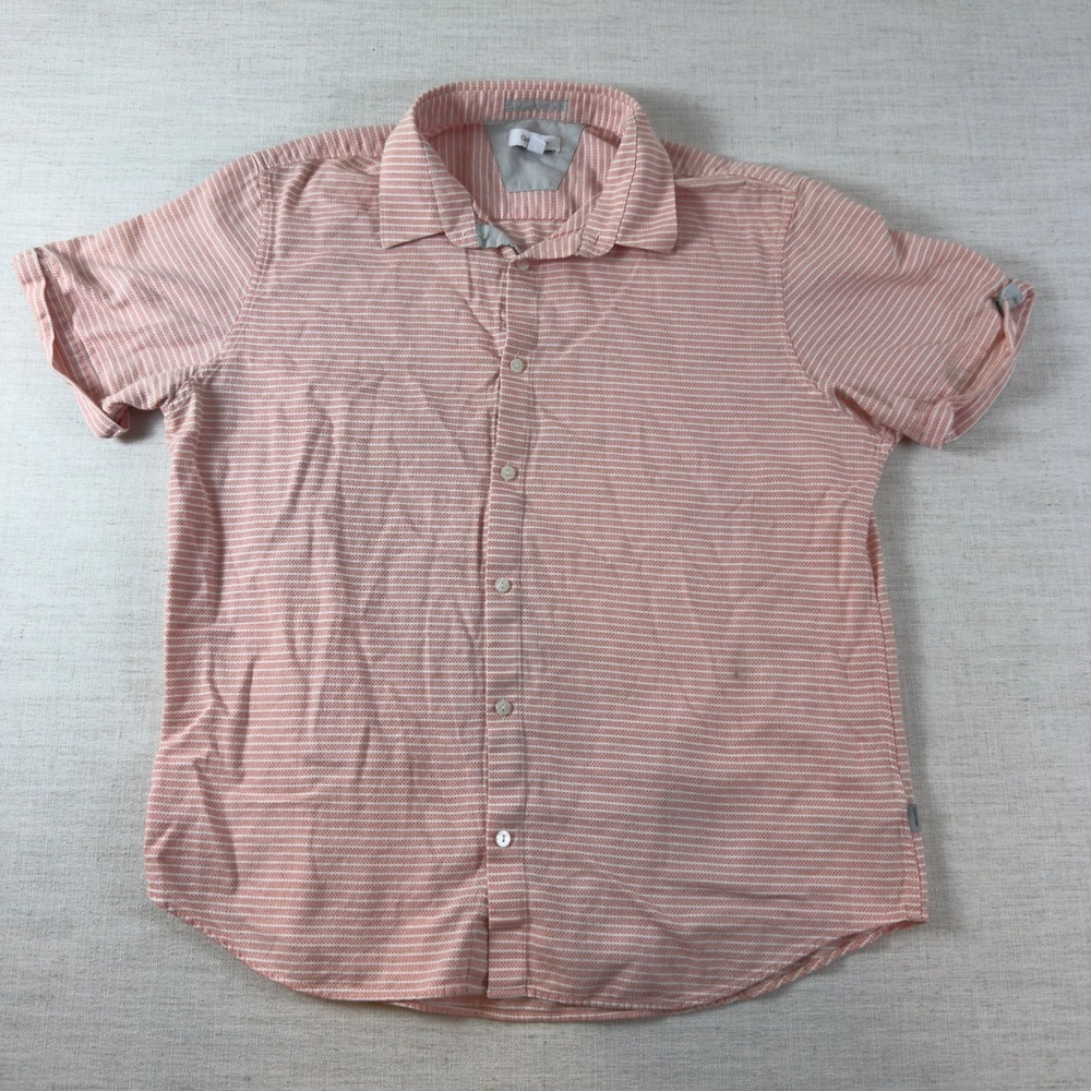 Calvin Klein Mens Short Sleeve Button Down Shirt Coral White Striped Large